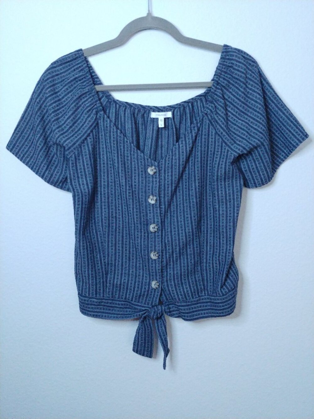 Maurices Blue Striped Button Down Tie Front Blouse